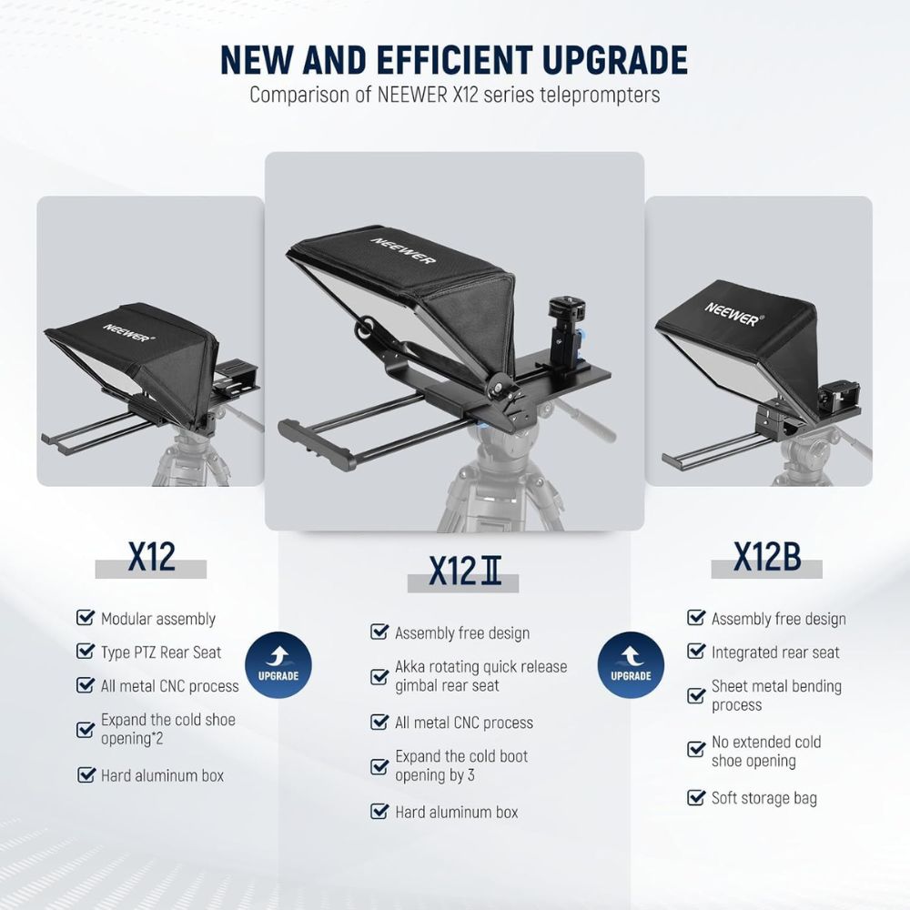 Comparison of Neewer X12II Tablet Teleprompter features, highlighting upgrades and design improvements in professional video equipment.