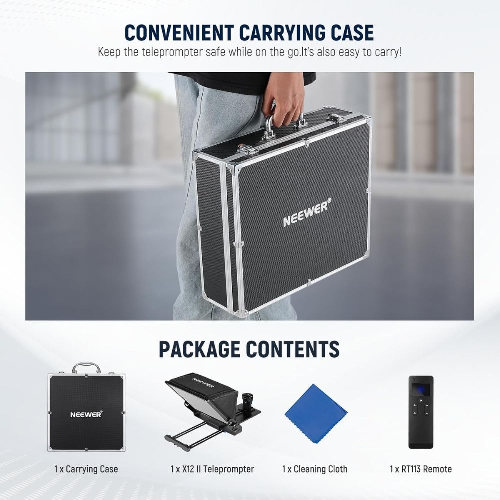 Neewer X12II Tablet Teleprompter carrying case for professional video equipment and studio accessories.