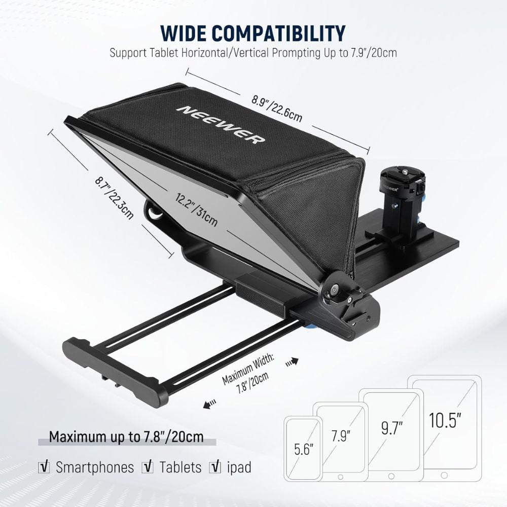 Neewer X12II Tablet Teleprompter showing wide compatibility with tablets and smartphones for professional video equipment.