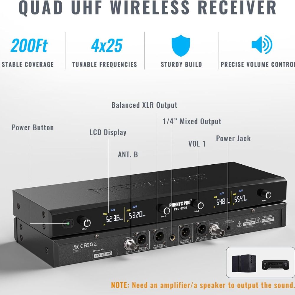 Phenyx Pro PTU-5200-2H2B Quad Wireless Microphone
