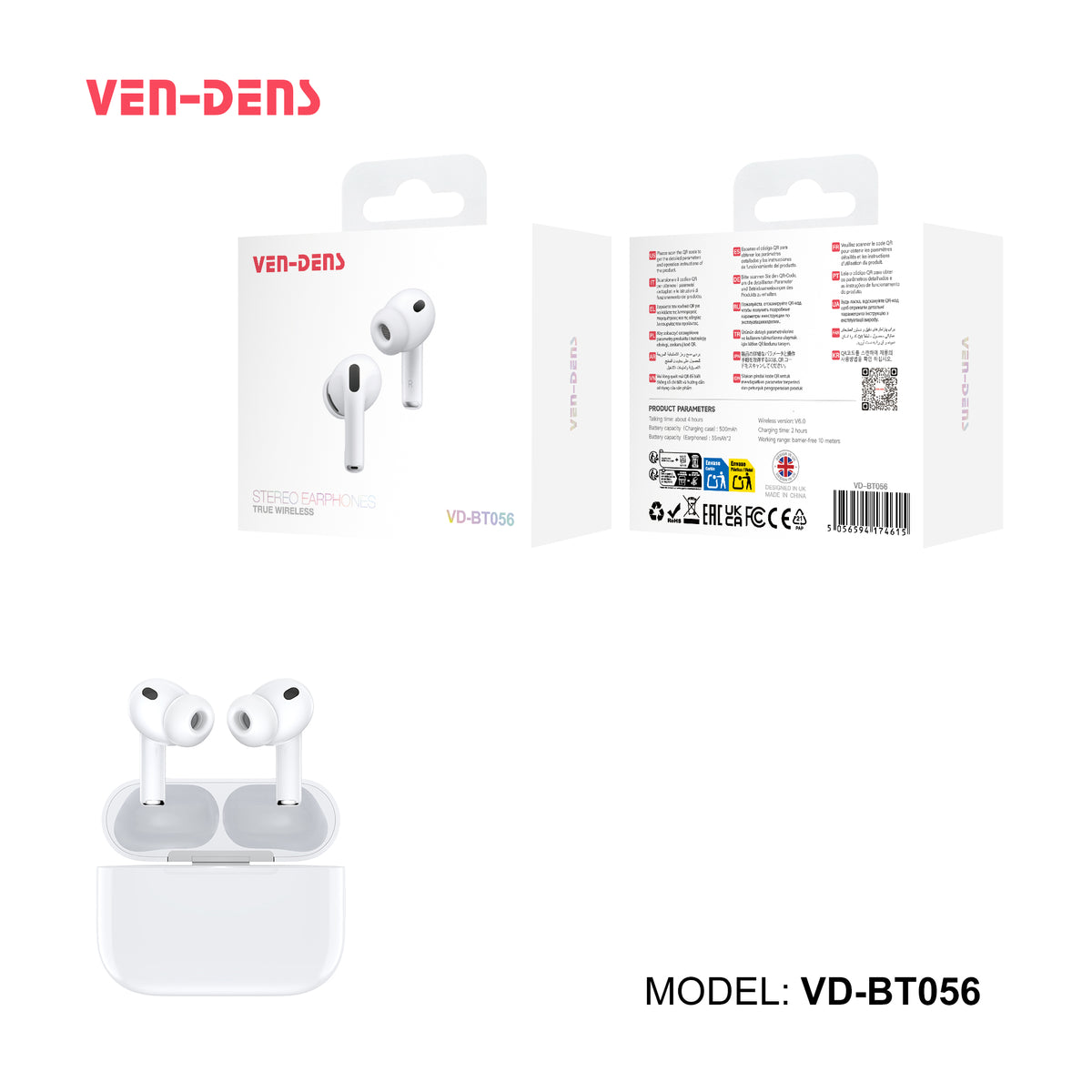 Ven-Dens VD-BT056 Bluetooth 6.0 True Wireless Earbuds with Type-C Charging Case (White)