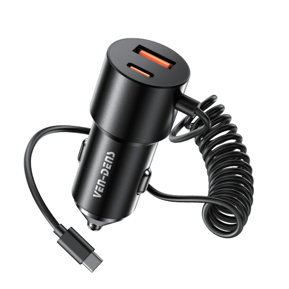 Ven-Dens VD-CC025 60W USB-C + USB-A Fast Car Charger with Built-in Cable (Black)