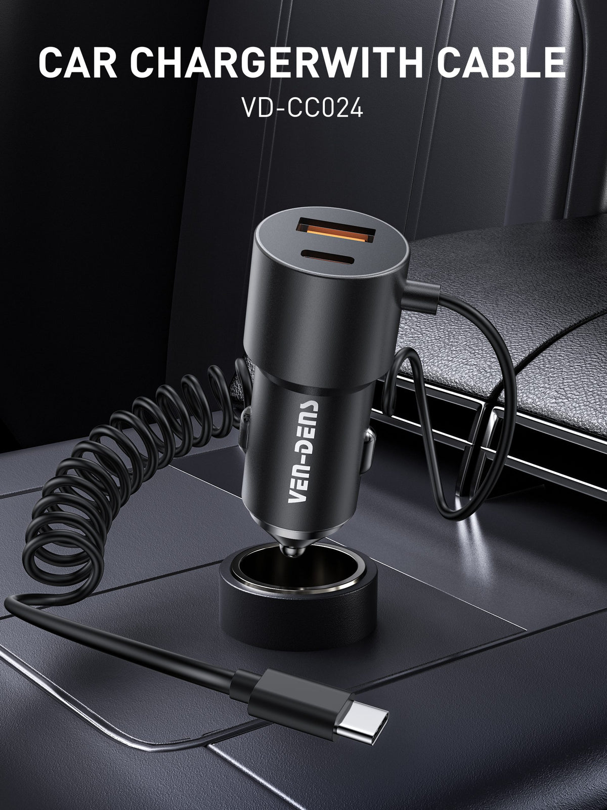 Ven-Dens VD-CC025 60W USB-C + USB-A Fast Car Charger with Built-in Cable (Black) – view 2