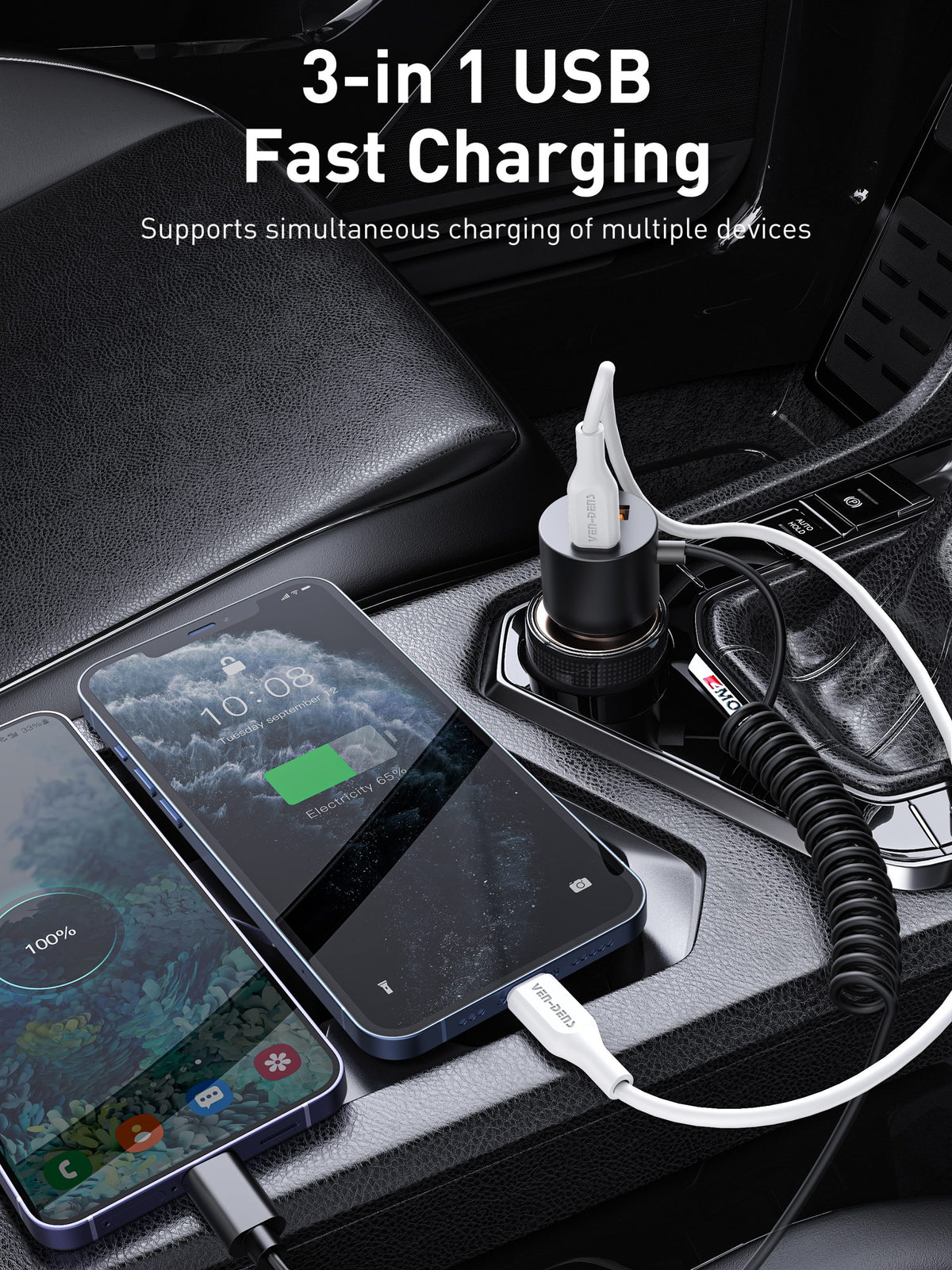 Ven-Dens VD-CC025 60W USB-C + USB-A Fast Car Charger with Built-in Cable (Black) – view 3