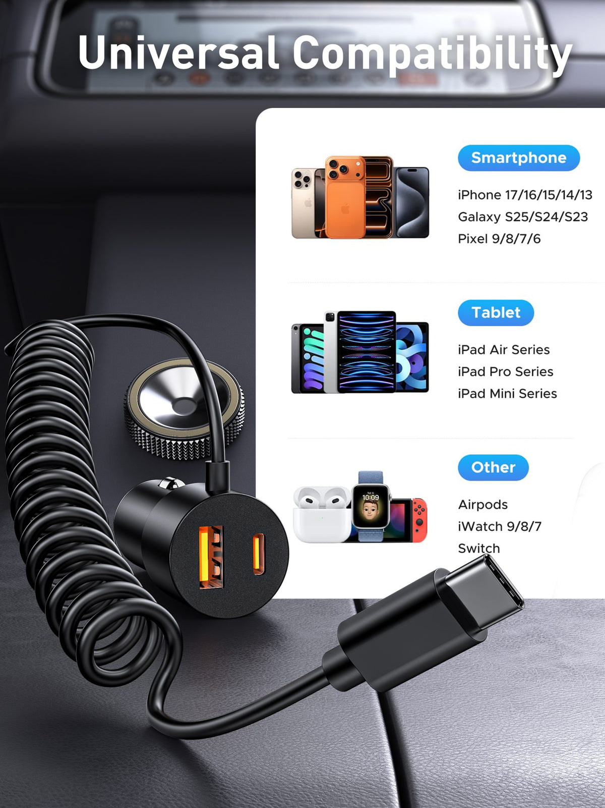Ven-Dens VD-CC025 60W USB-C + USB-A Fast Car Charger with Built-in Cable (Black) – view 6
