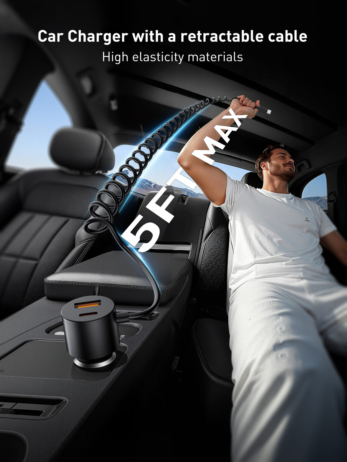 Ven-Dens VD-CC025 60W USB-C + USB-A Fast Car Charger with Built-in Cable (Black) – view 7