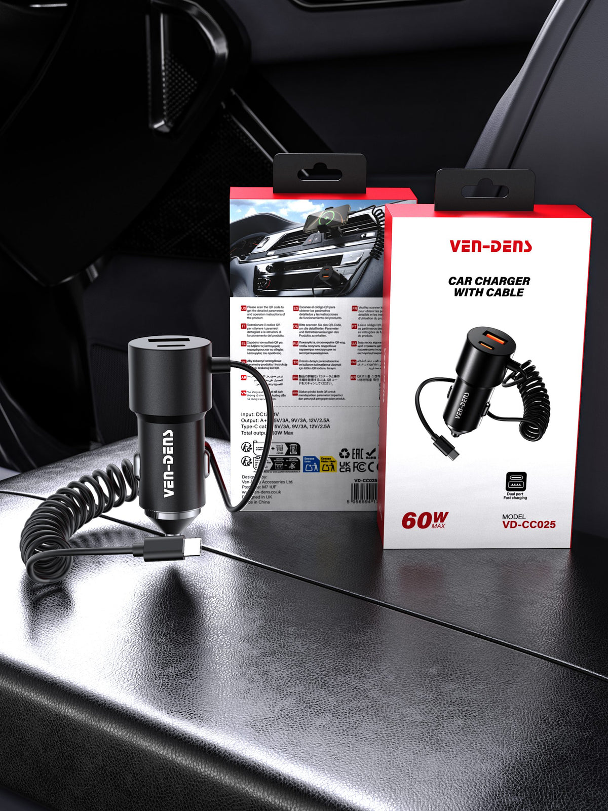Ven-Dens VD-CC025 60W USB-C + USB-A Fast Car Charger with Built-in Cable (Black) – view 8