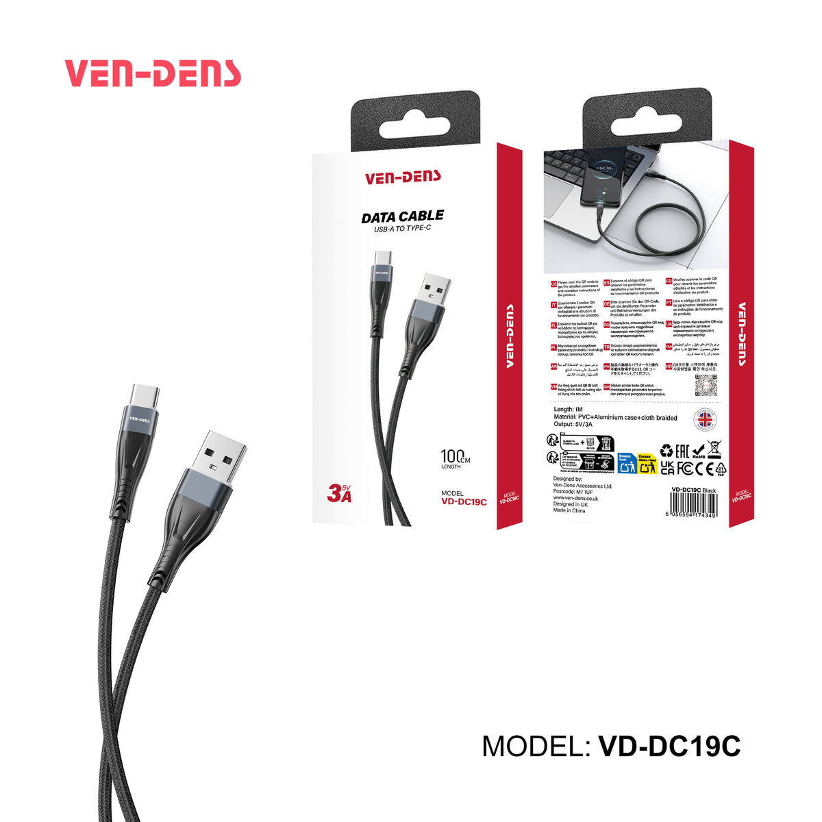 Ven-Dens VD-DC19C USB-A to USB-C Cable 3A 1m (Black)