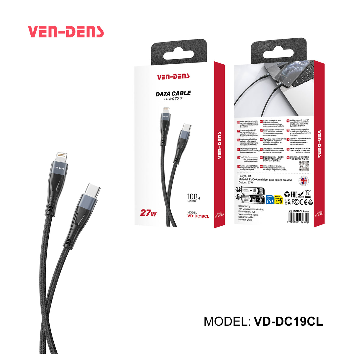 Ven-Dens VD-DC19CL USB-C to Lightning Cable 1m (Black)