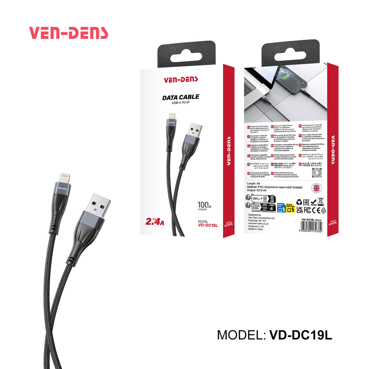 Ven-Dens VD-DC19L USB-A to Lightning Cable 2.4A 1m (Black)