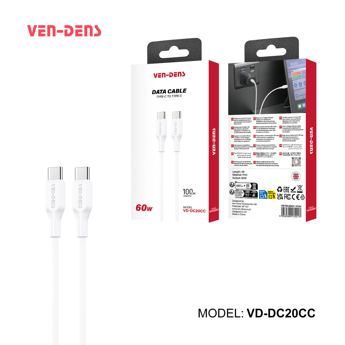 Ven-Dens VD-DC20CC 60W USB-C to USB-C Cable 1m (White)