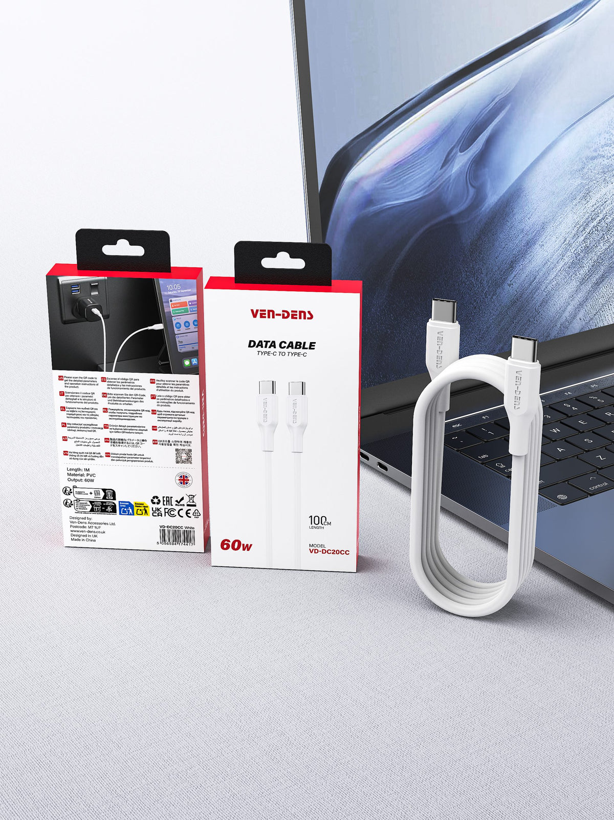 Ven-Dens VD-DC20CC 60W USB-C to USB-C Cable 1m (White) – view 9