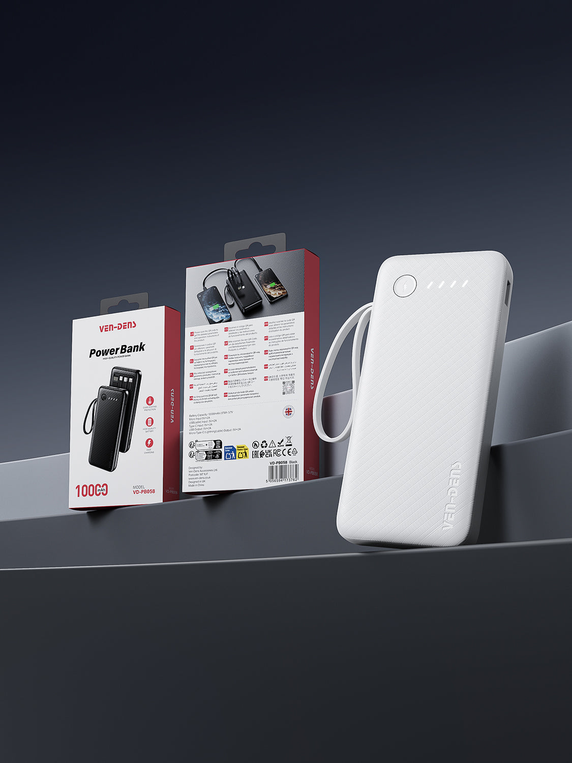 Ven-Dens VD-PB058 10000mAh Power Bank with LED Light & Built-in Cables (White) – view 2