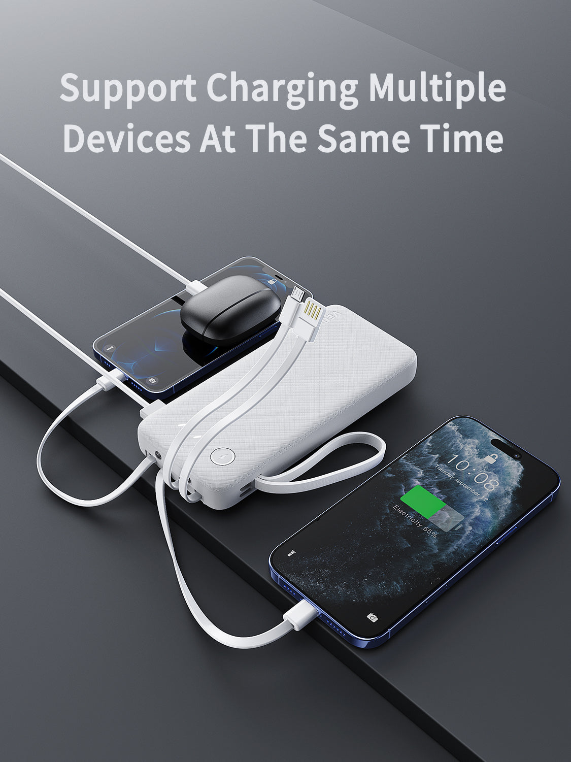 Ven-Dens VD-PB058 10000mAh Power Bank with LED Light & Built-in Cables (White) – view 6