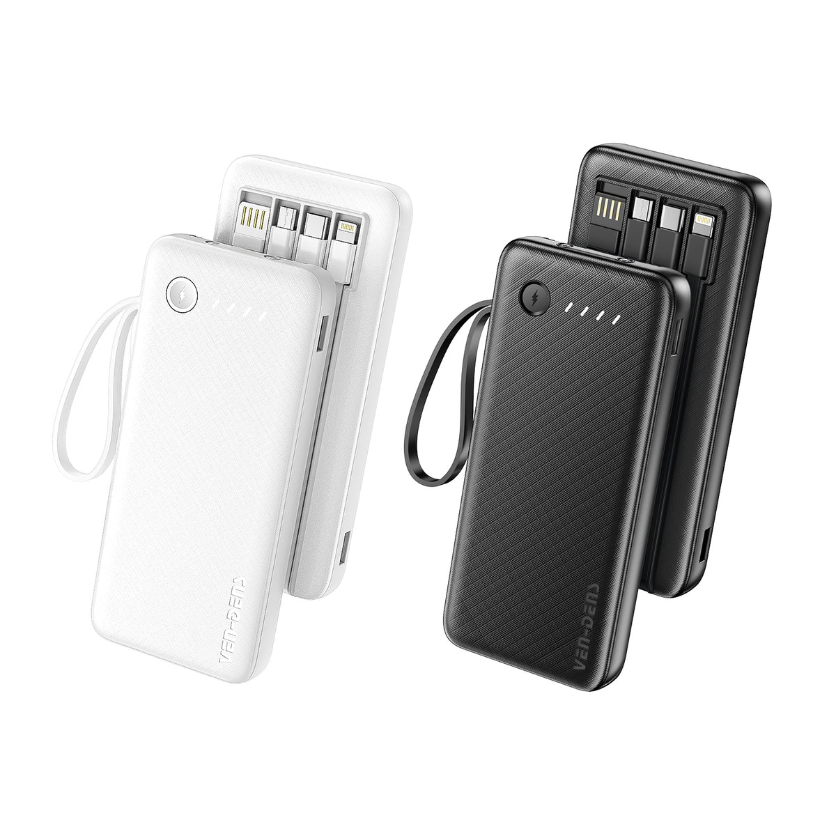 Ven-Dens VD-PB059 20000mAh Power Bank with LED Light & Built-in Cables (White)