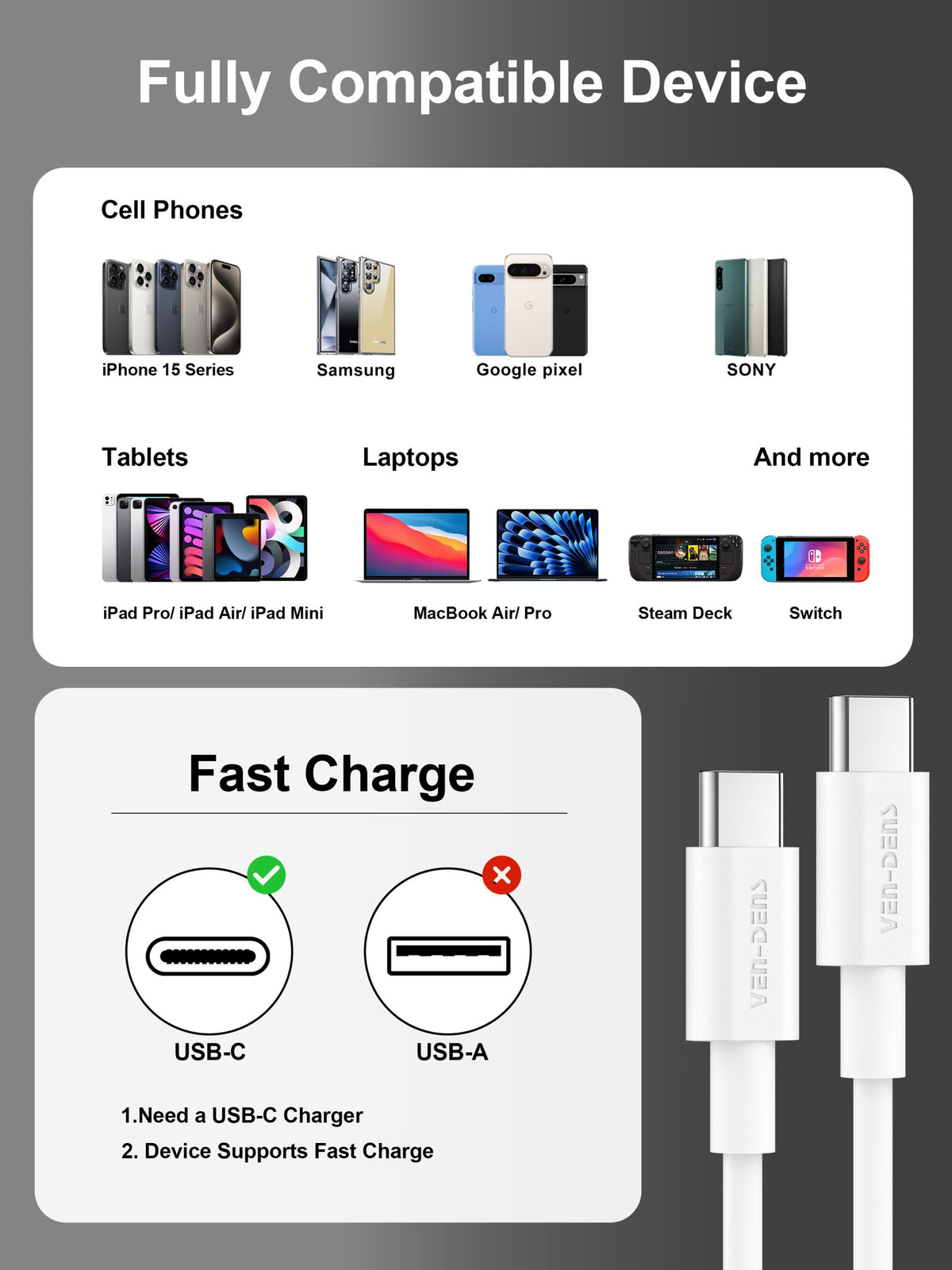Ven-Dens VD-TC012AACP 30W UK PD Travel Charger with 60W USB-C to USB-C Cable (White) – view 8