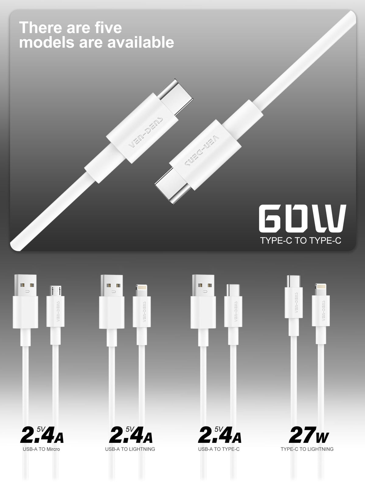 Ven-Dens VD-TC012AACP 30W UK PD Travel Charger with 60W USB-C to USB-C Cable (White) – view 9