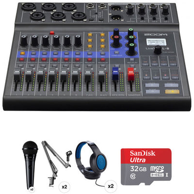 Zoom LiveTrak L-8 2-Person Podcasting Kit with 8-Channel Mixer-Recorder, Shure PGA58-LC Microphones & More