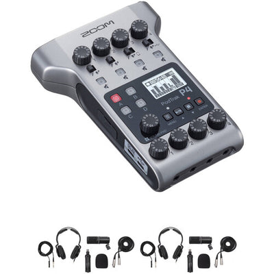 Zoom PodTrak P4 Portable Multitrack Podcast Recorder with 2-Person Podcast Mic Pack Kit