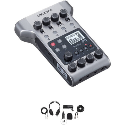 Zoom PodTrak P4 Portable Multitrack Podcast Recorder with 4-Person Podcast Mic Pack Kit