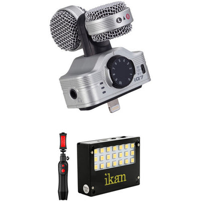 Zoom iQ7 Mid-Side Stereo Microphone Kit with iKlip Grip Pro & Ikan iLED-MA Light