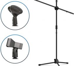 Microphone Floor Stand Heavy Duty Adjustable Collapsible Tripod Boom Mic Stands w/2 Mic Clip Holders for Performance/Karaoke Singing/Speech/Wedding/Stage Party Outdoor Activity